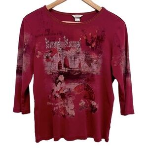 VINTAGE Y2K Christopher & Banks Hong Kong Graphic 3/4 Sleeve Shirt. Size M